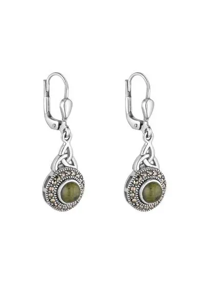 Sterling Silver & Connemara Marble Trinity Knot Drop Earrings with Marcasite 